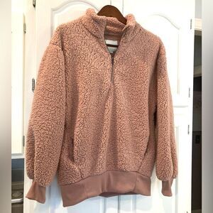 American Eagle Sherpa Kitten Soft Warm Pink 1/2 Zip Sweater with Pockets Size Sm